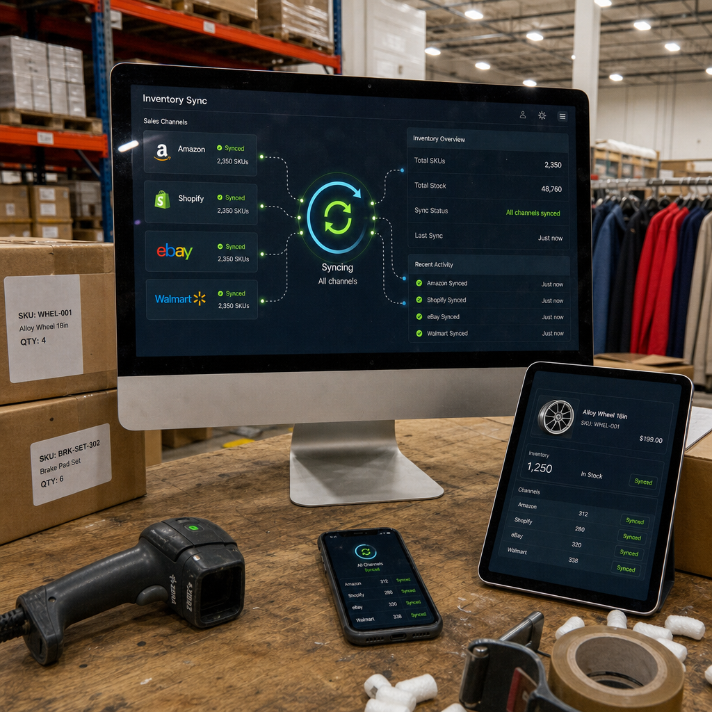 Inventory synced across warehouse shelves, desktop system, and Amazon and eBay marketplace listings